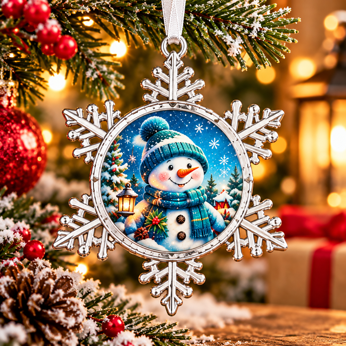 Snowman Pewter Snowflake Ornament | Blue Christmas Decor