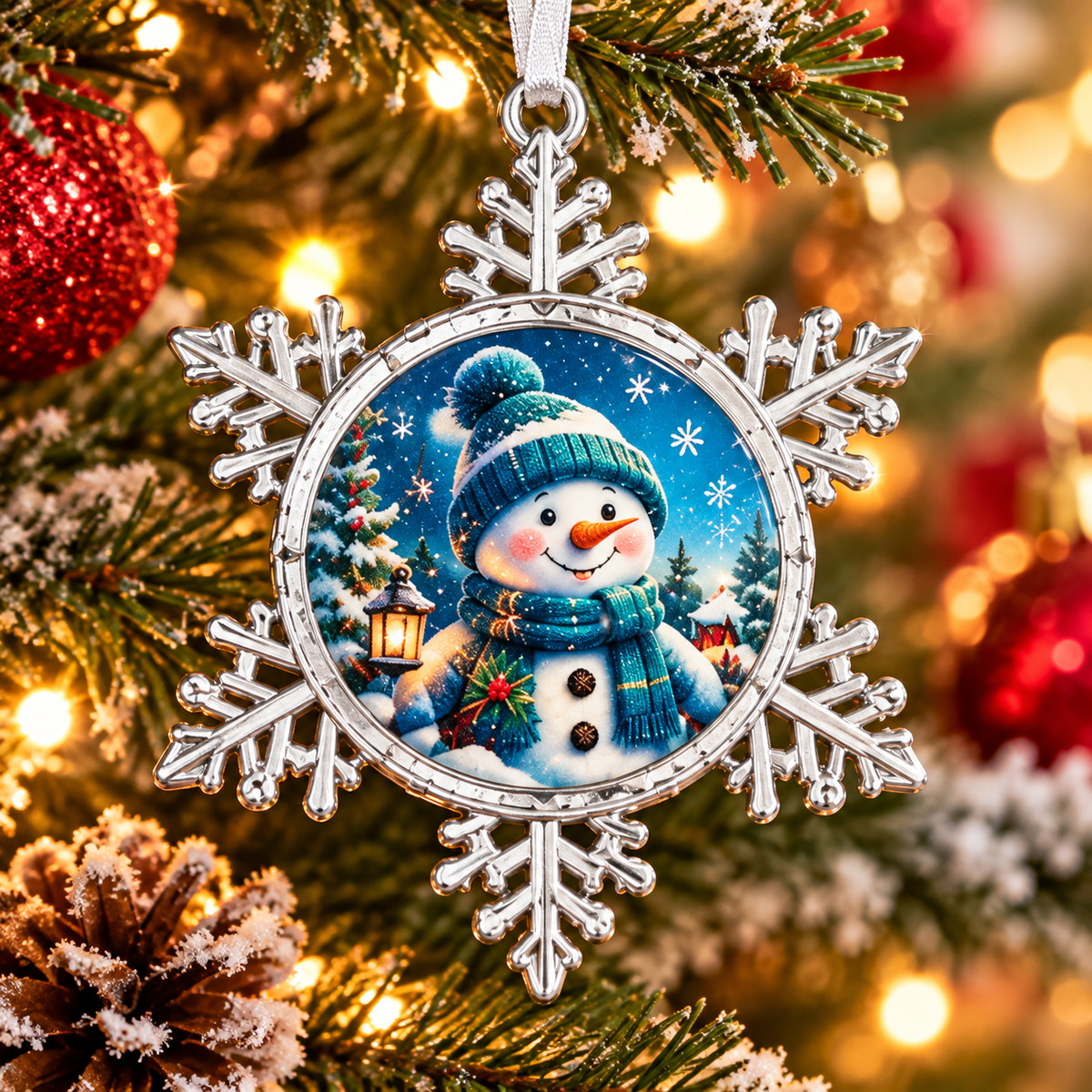 Snowman Pewter Snowflake Ornament | Blue Christmas Decor