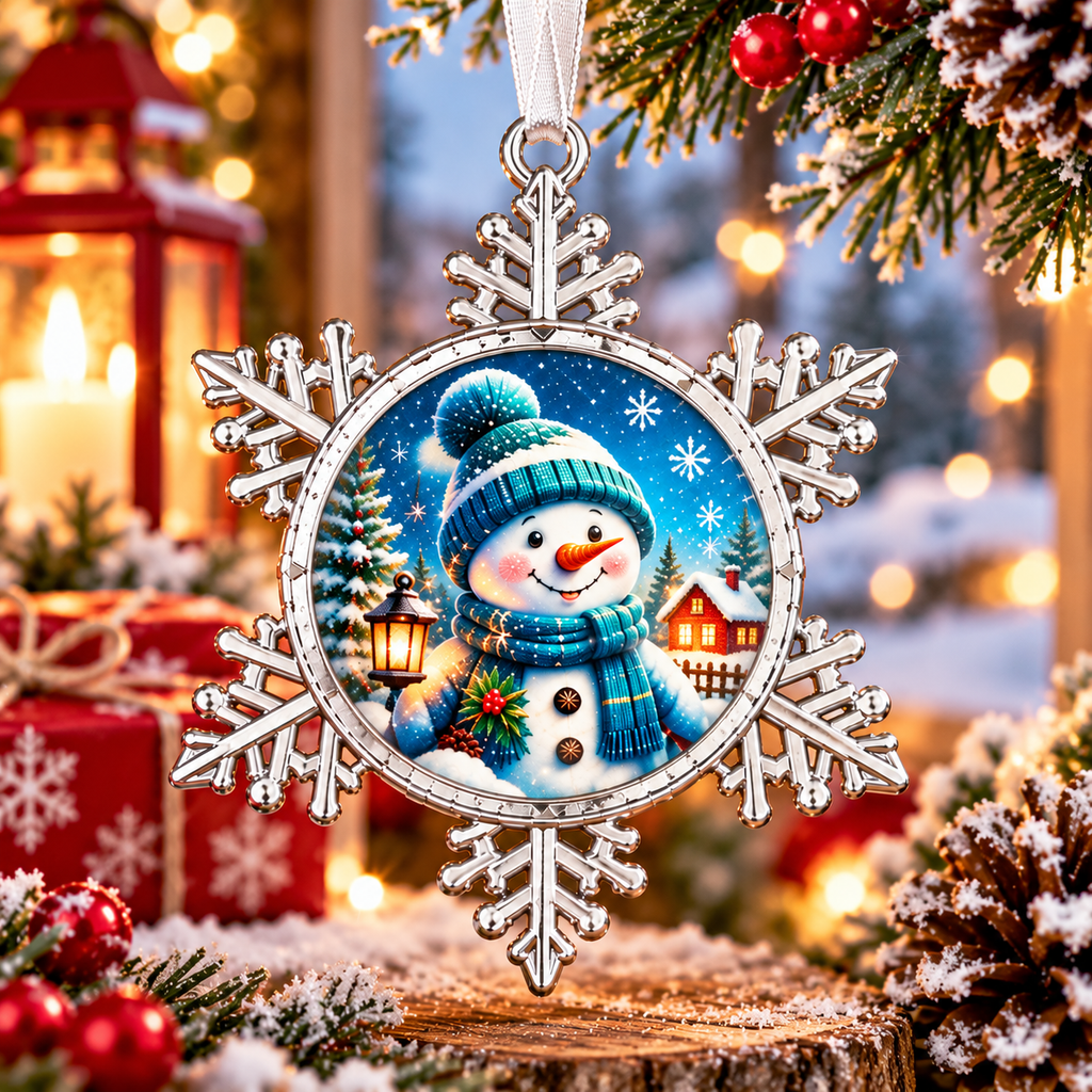 Snowman Pewter Snowflake Ornament | Blue Christmas Decor
