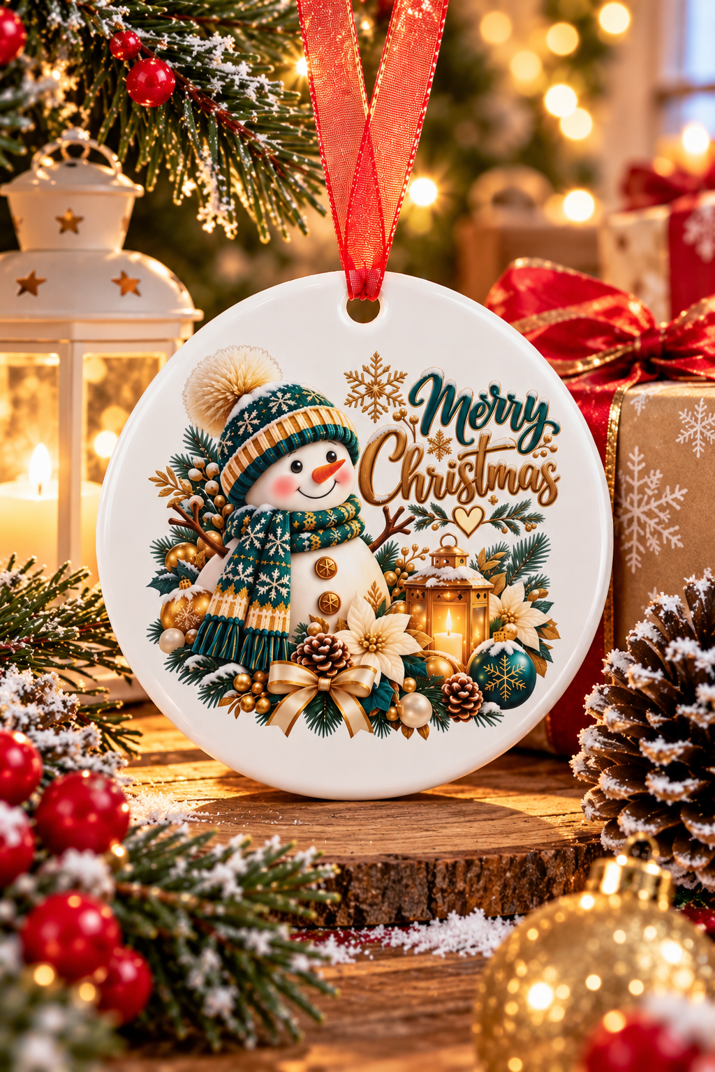 Snowman Christmas Metal Ornament | Teal & Gold Holiday Decor