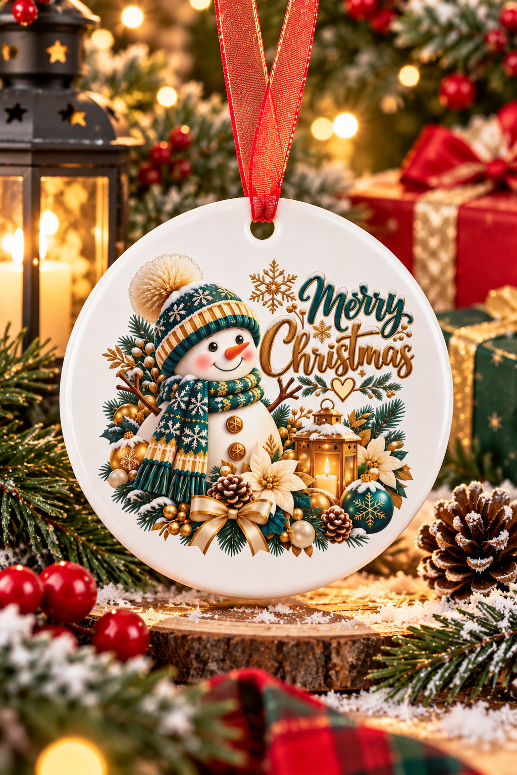 Snowman Christmas Metal Ornament | Teal & Gold Holiday Decor