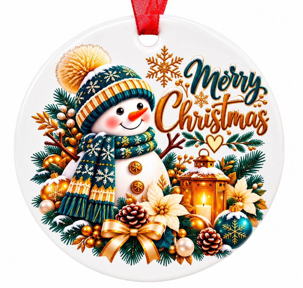 Snowman Christmas Metal Ornament | Teal & Gold Holiday Decor