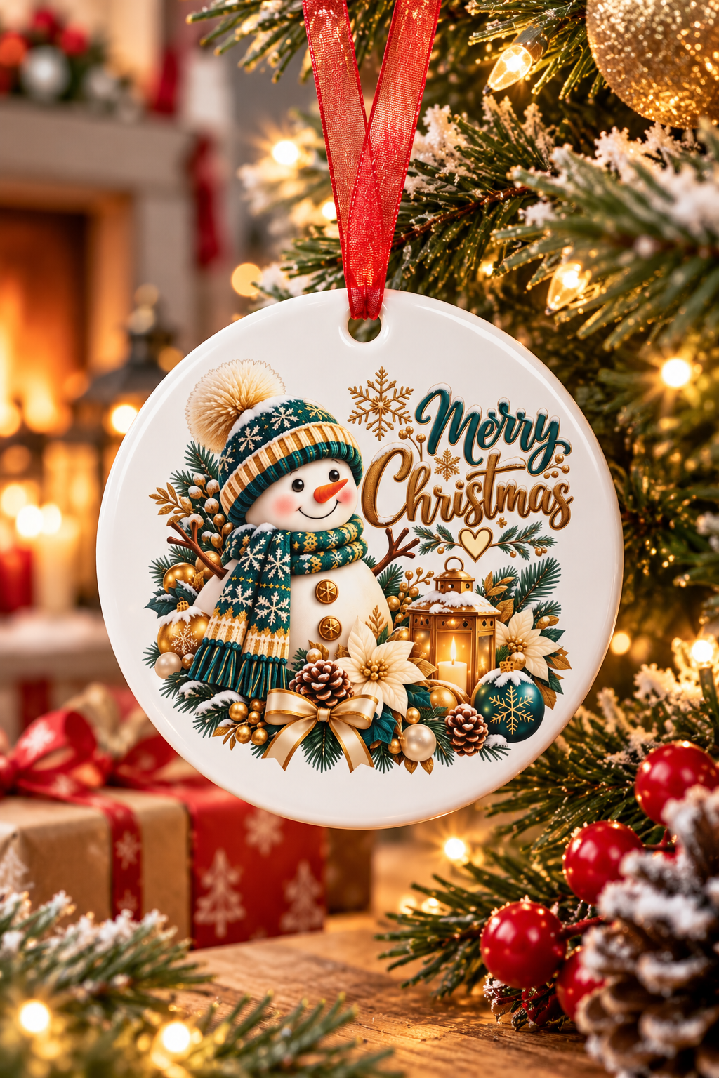 Snowman Christmas Metal Ornament | Teal & Gold Holiday Decor