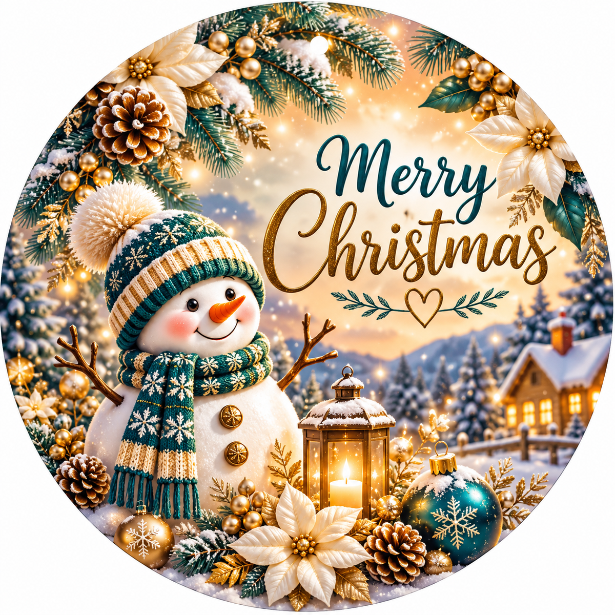 Snowman Christmas Metal Ornament | Teal & Gold Holiday Decor