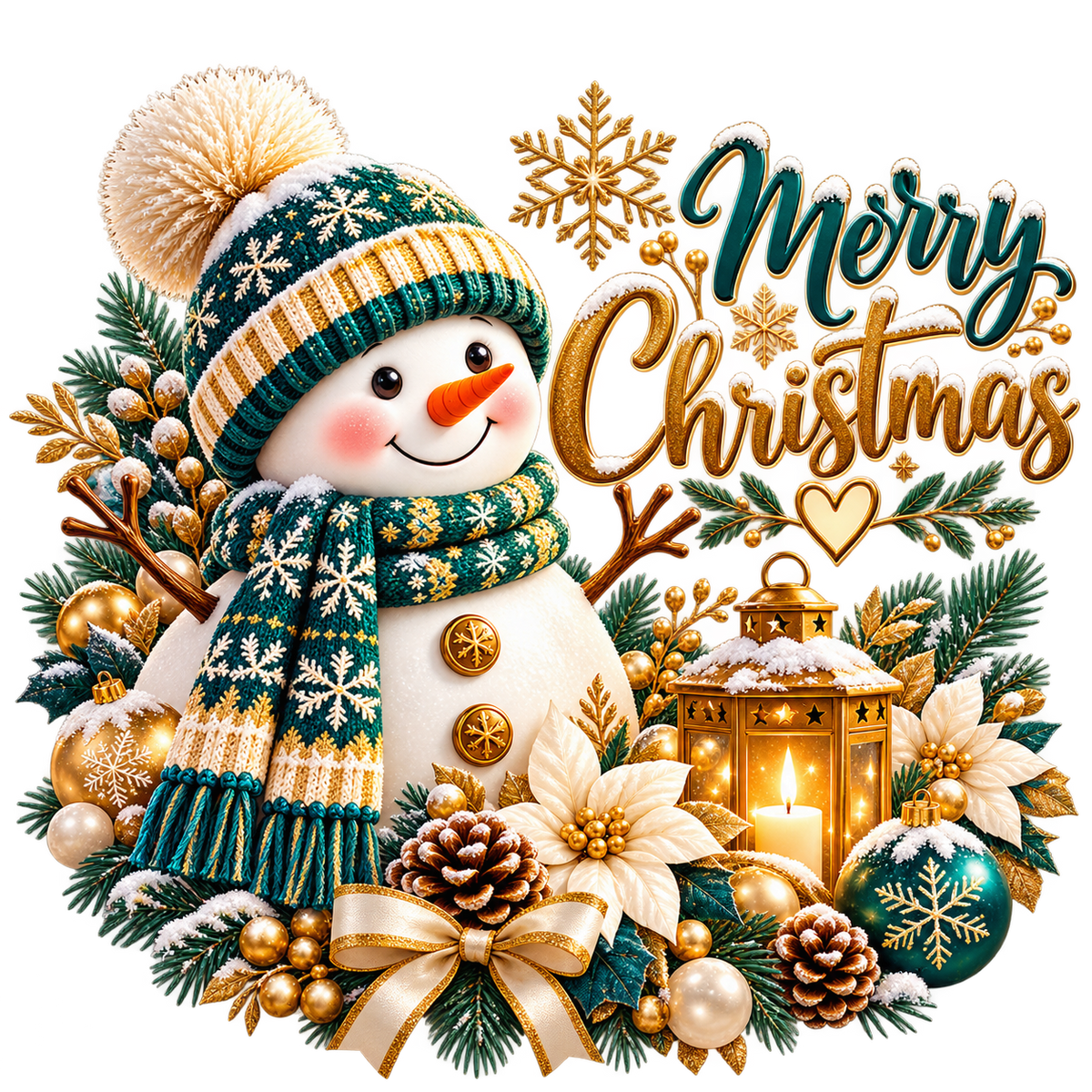 Snowman Christmas Metal Ornament | Teal & Gold Holiday Decor