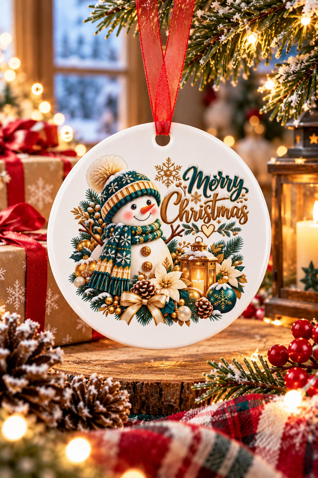 Snowman Christmas Metal Ornament | Teal & Gold Holiday Decor