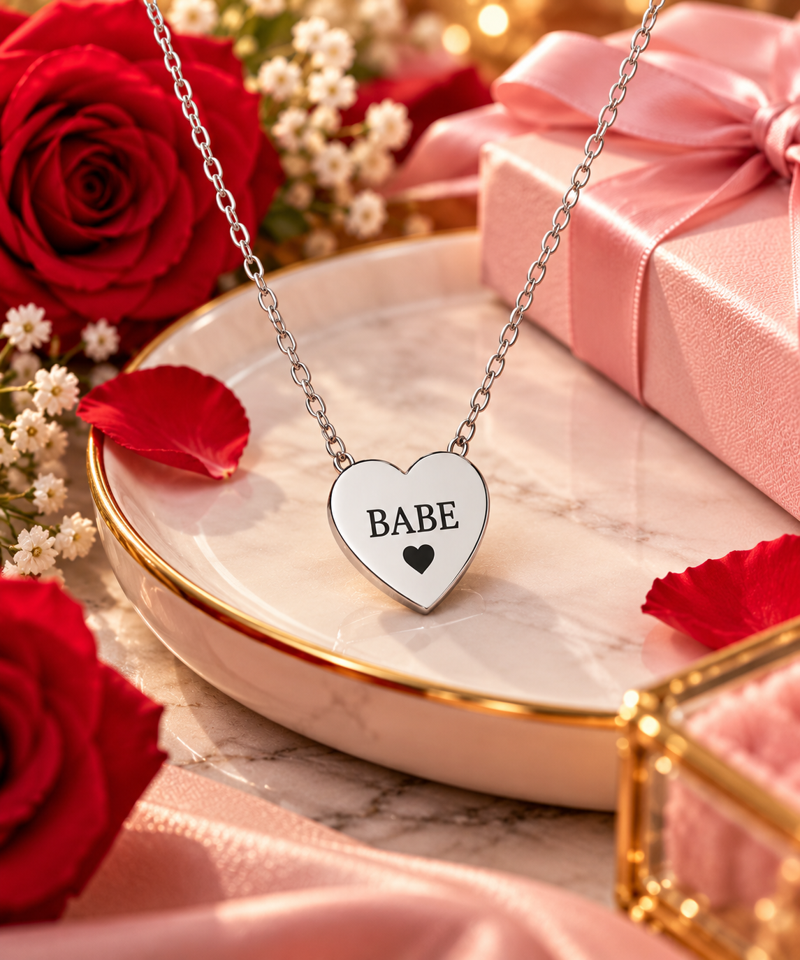 Babe Engraved Heart Necklace | Romantic Stainless Steel Pendant | Anniversary Gift for Her