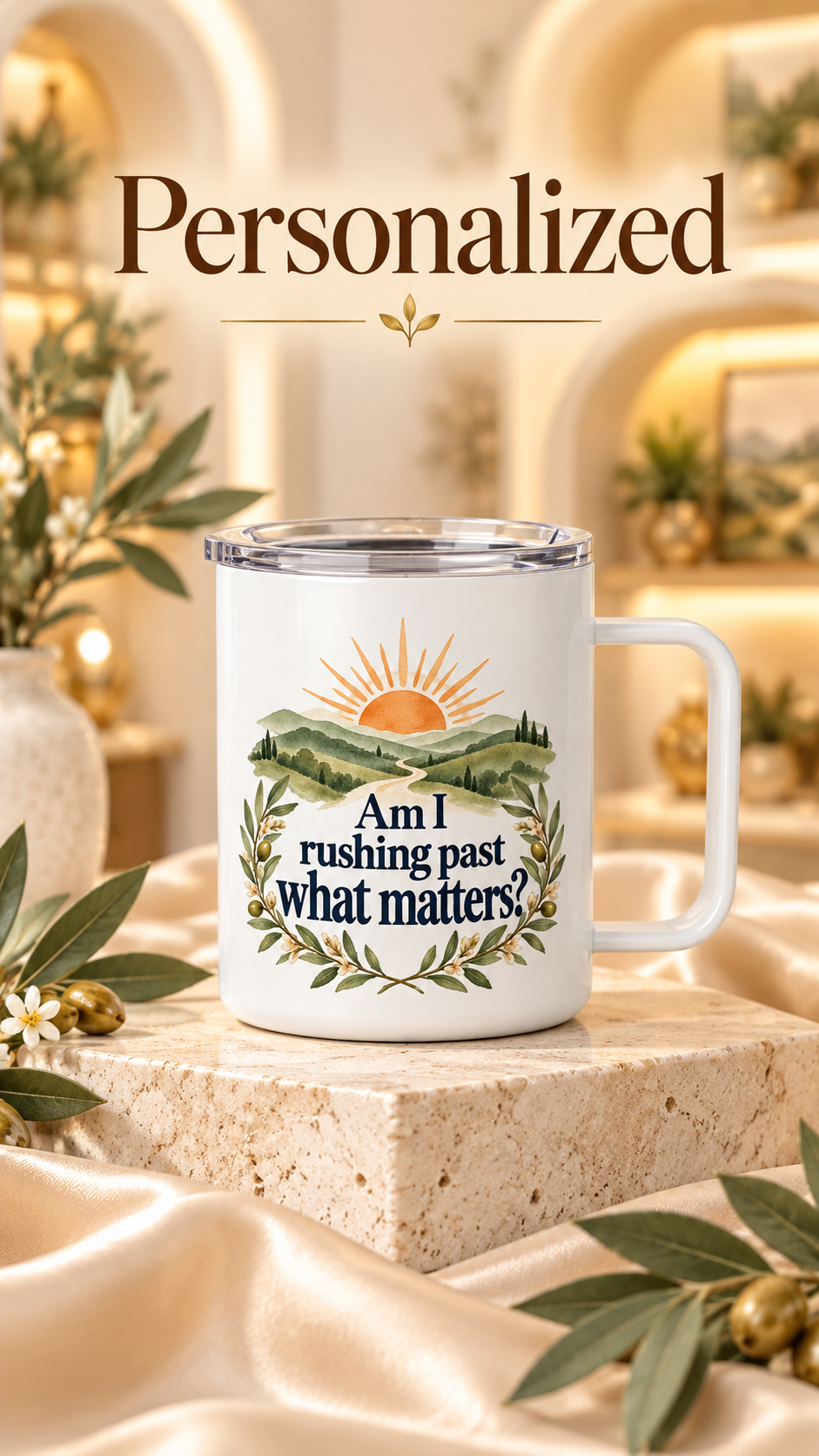 Insulated Coffee Mug with Lid, 10oz Stainless Steel Cup, Reflective Sunrise Design, Mindfulness Gift
