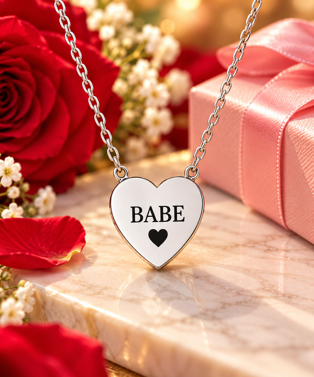 Babe Engraved Heart Necklace | Romantic Stainless Steel Pendant | Anniversary Gift for Her