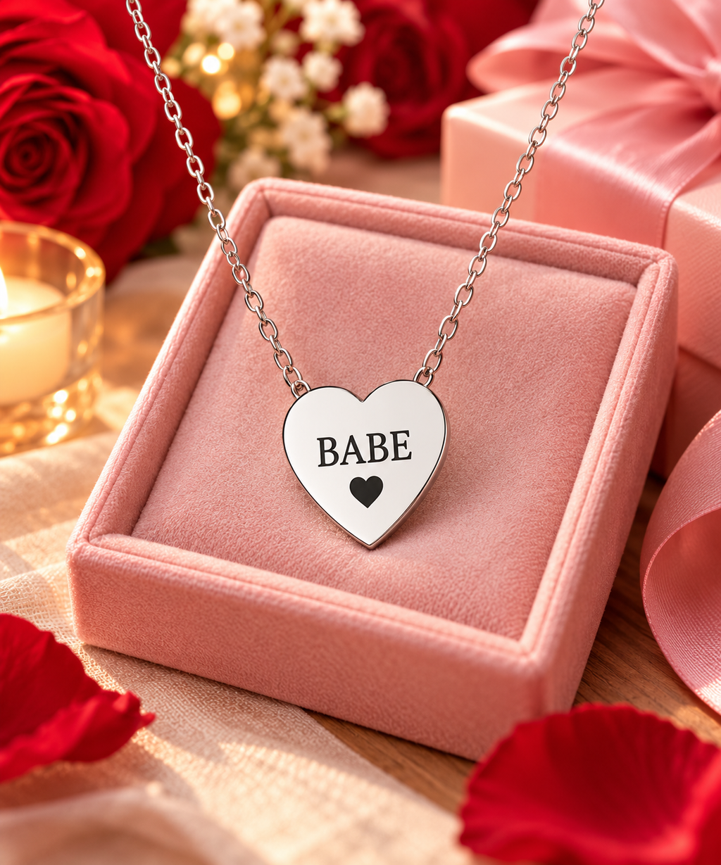 Babe Engraved Heart Necklace | Romantic Stainless Steel Pendant | Anniversary Gift for Her