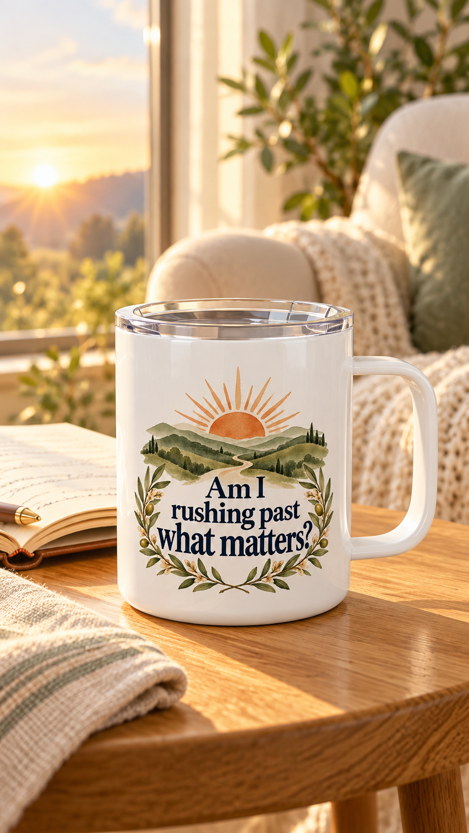 Insulated Coffee Mug with Lid, 10oz Stainless Steel Cup, Reflective Sunrise Design, Mindfulness Gift