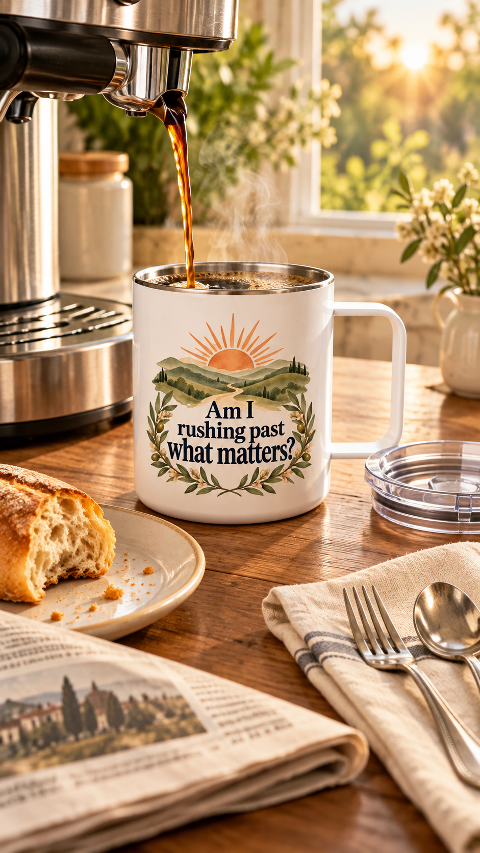 Insulated Coffee Mug with Lid, 10oz Stainless Steel Cup, Reflective Sunrise Design, Mindfulness Gift