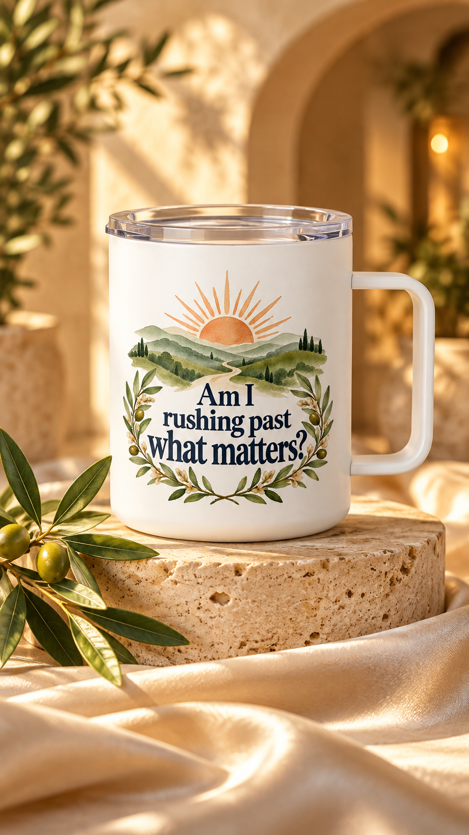 Insulated Coffee Mug with Lid, 10oz Stainless Steel Cup, Reflective Sunrise Design, Mindfulness Gift