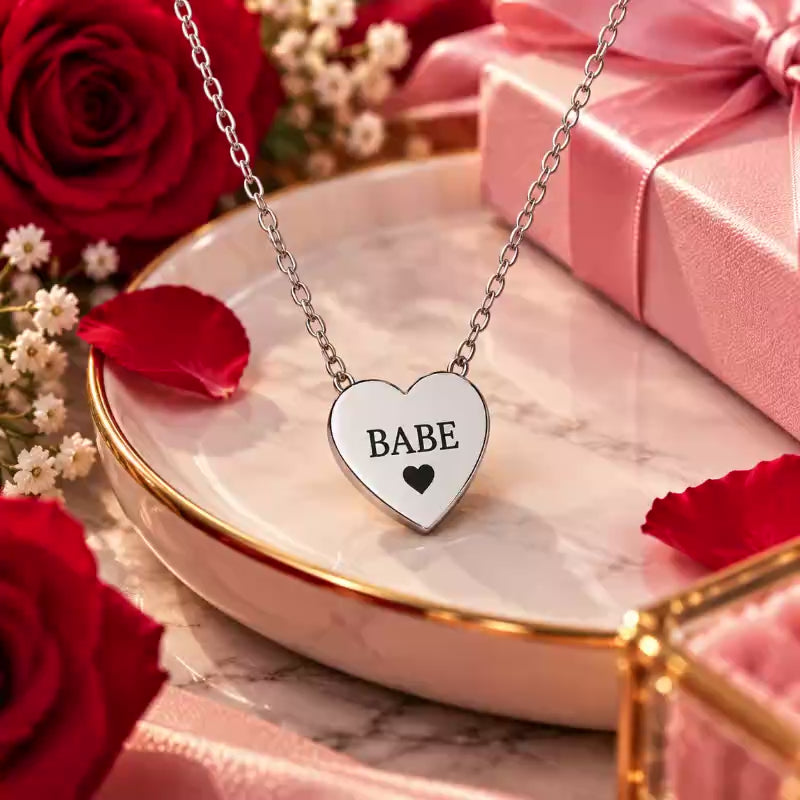 Babe Engraved Heart Necklace | Romantic Stainless Steel Pendant | Anniversary Gift for Her