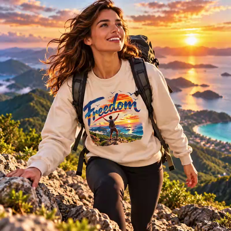 Freedom Sweatshirt, Adventure Graphic Crewneck, Mountain Sunset Pullover, Travel Gift, Inspirational Unisex Sweatshirt