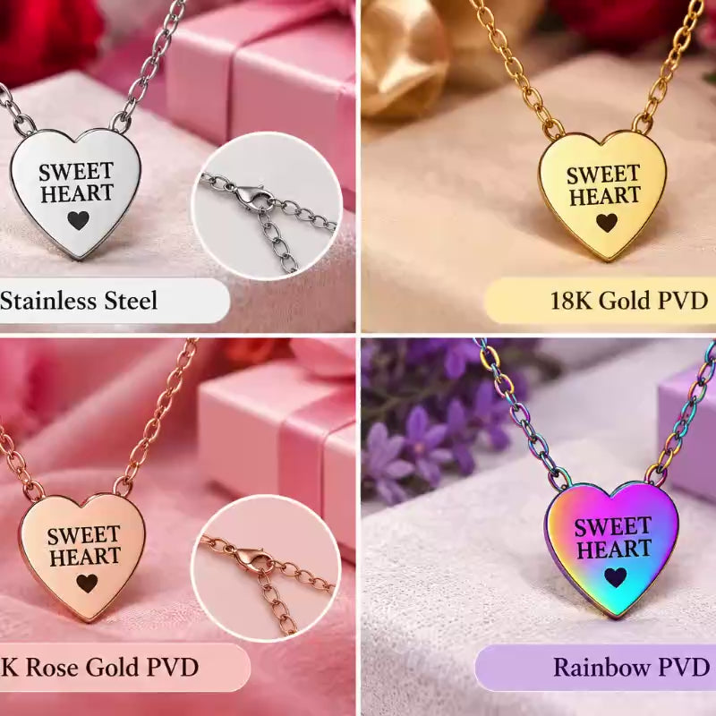 Sweet Heart Engraved Necklace | Romantic Heart Pendant | Stainless Steel Jewelry Gift for Her