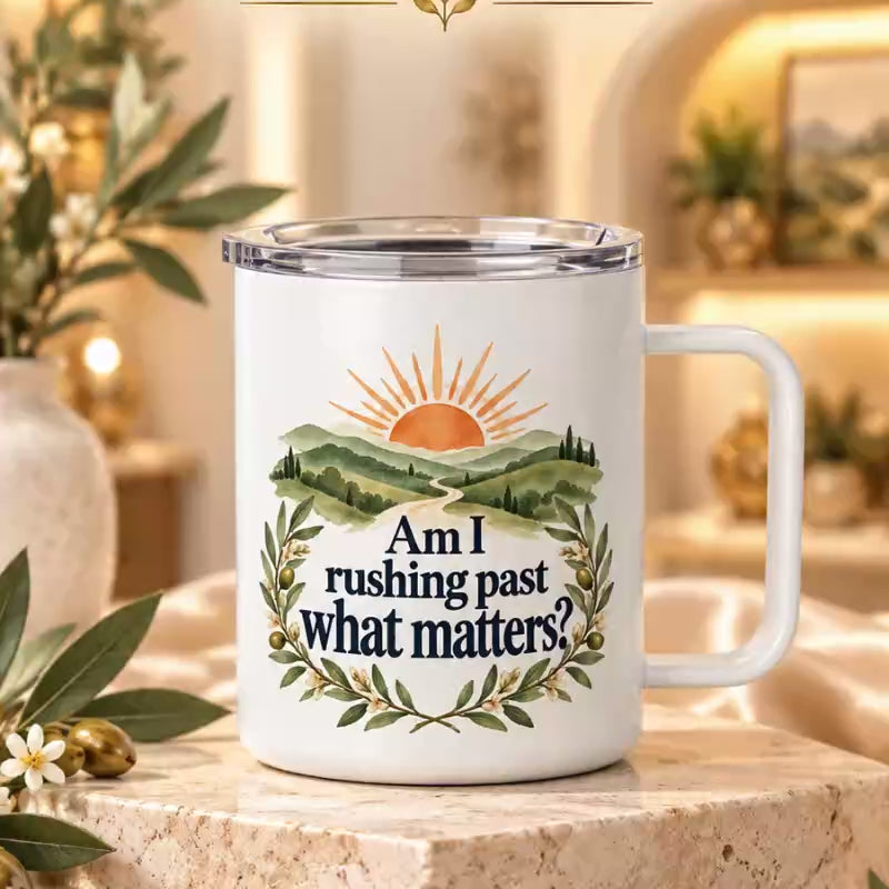 Insulated Coffee Mug with Lid, 10oz Stainless Steel Cup, Reflective Sunrise Design, Mindfulness Gift