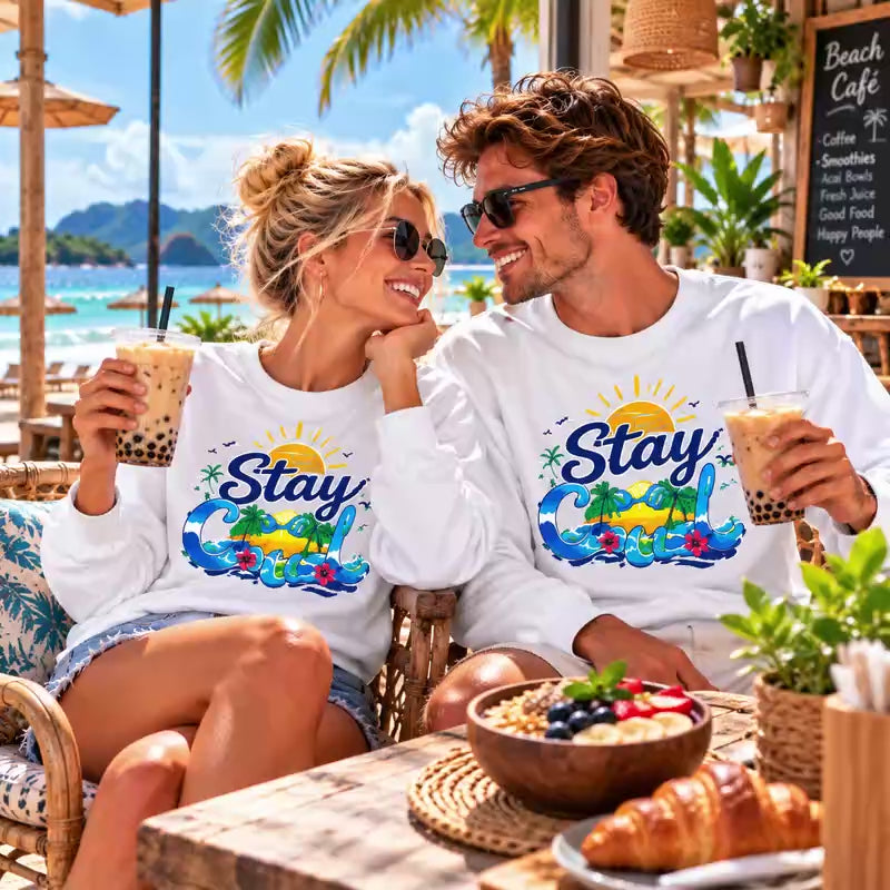 Beach Sweatshirt, Tropical Palm Tree Sunset Crewneck, Summer Vacation Graphic Pullover