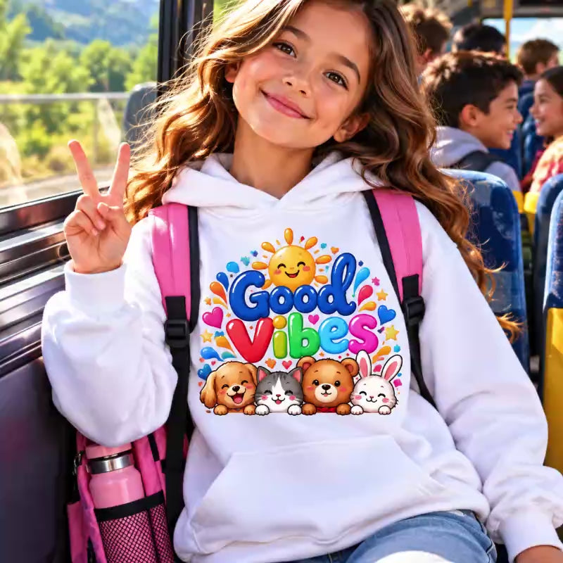 Good Vibes Kids Hoodie, Animal Friends, Rainbow Youth Sweatshirt