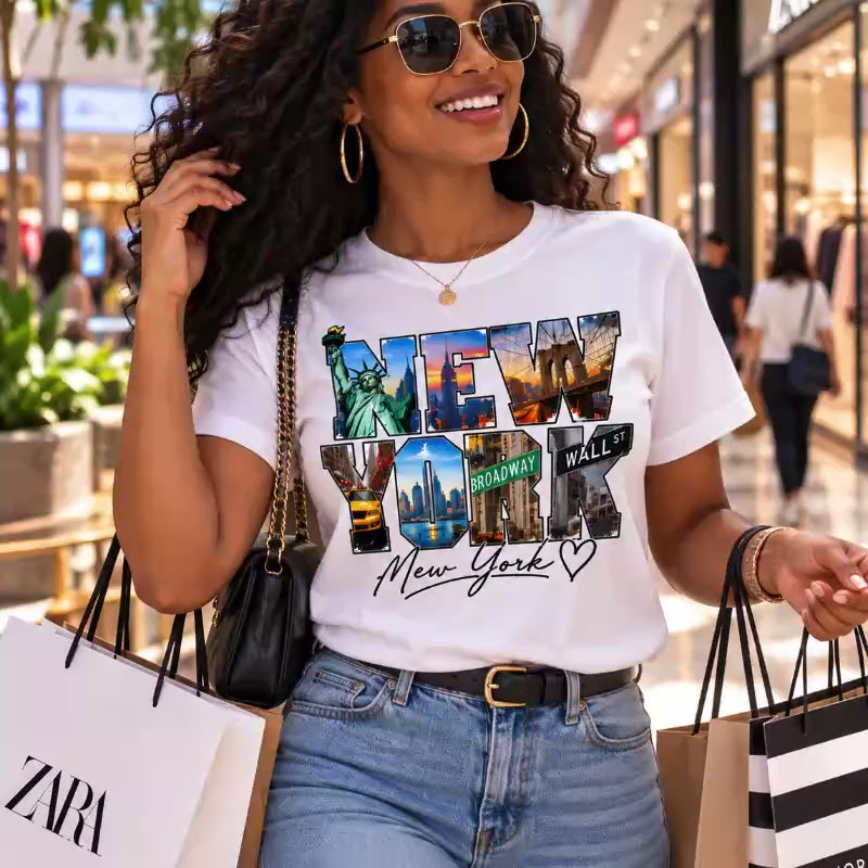 New York City T-Shirt, Statue of Liberty Skyline, Brooklyn Bridge Travel Souvenir Tee