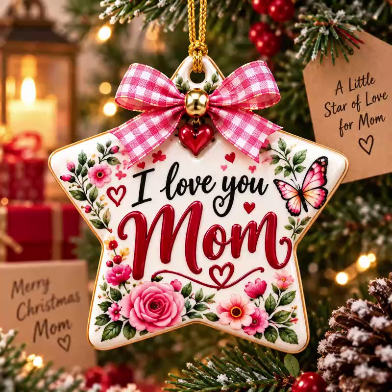 I Love You Mom floral script Christmas Ornament | Ceramic Star Gift for mom decor